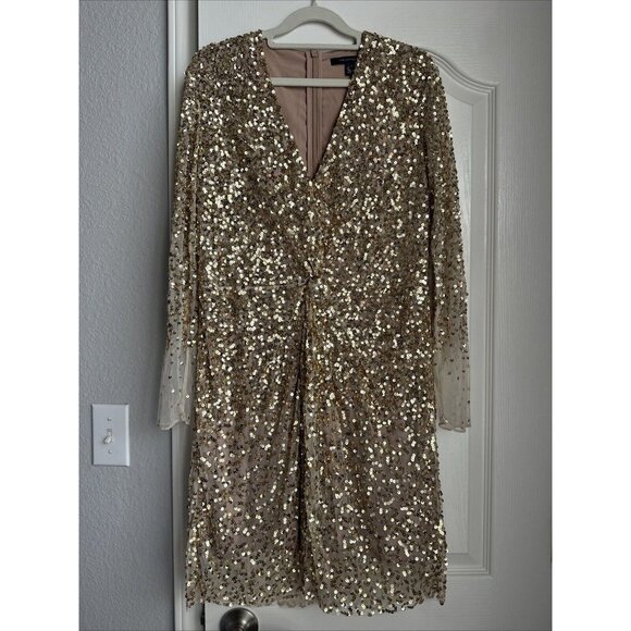 FRENCH CONNECTION Dress Size 4 Emille Sparkle Long Sleeve Sequin Sheath Brown - Picture 2 of 6
